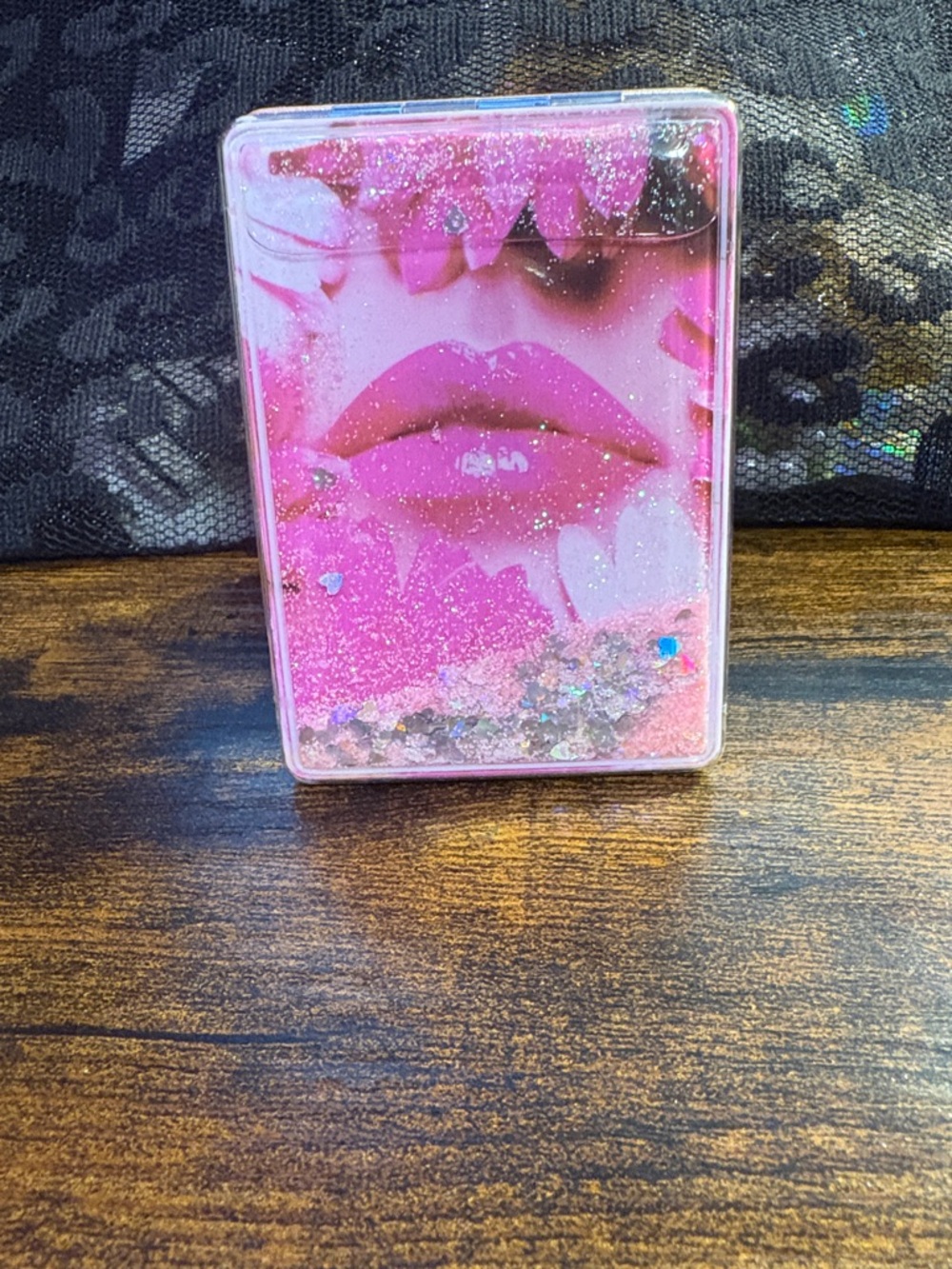 Pink Falling Glitter Lip Art Duo Mirror Compact Case~ NEW
